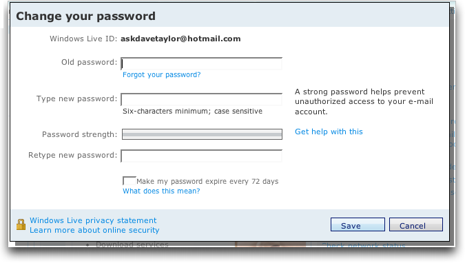 microsoft outlook live password reset