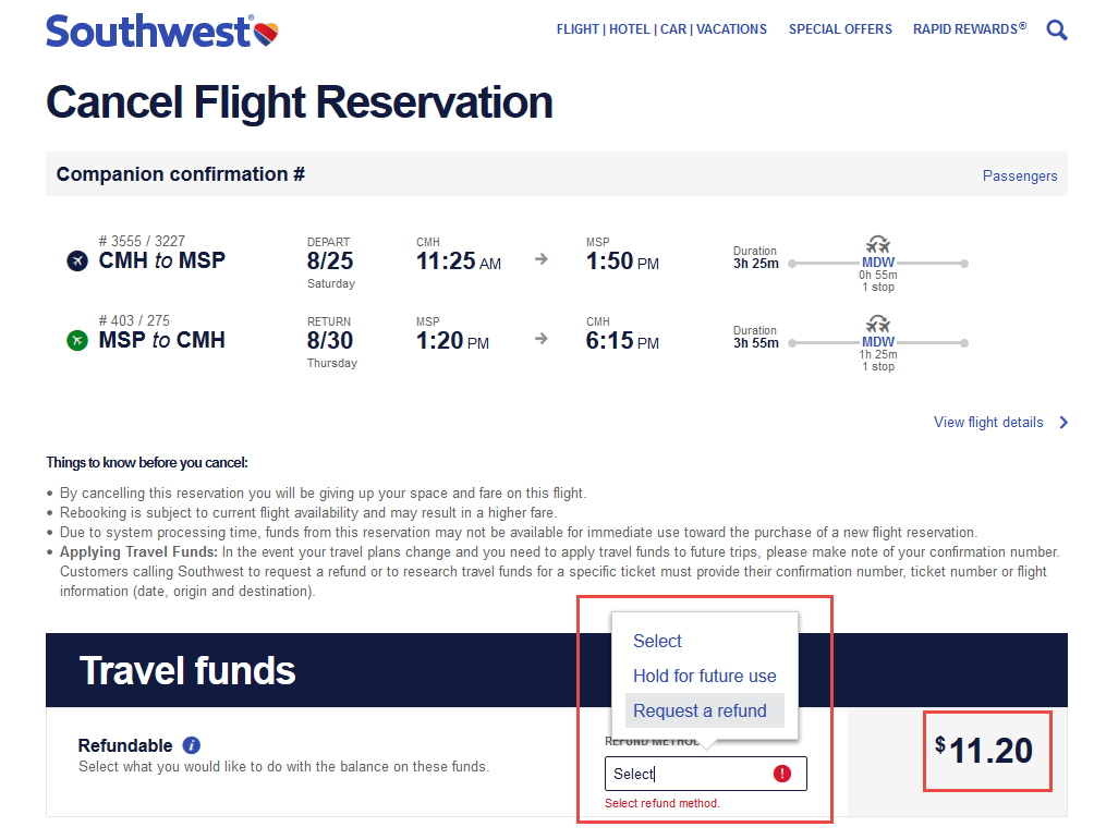 southwest travel refund policy
